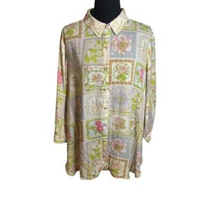 Rose + Olive Floral Patchwork Print Top Womens Sx 1X Chiffon Cottagecore Pearl
